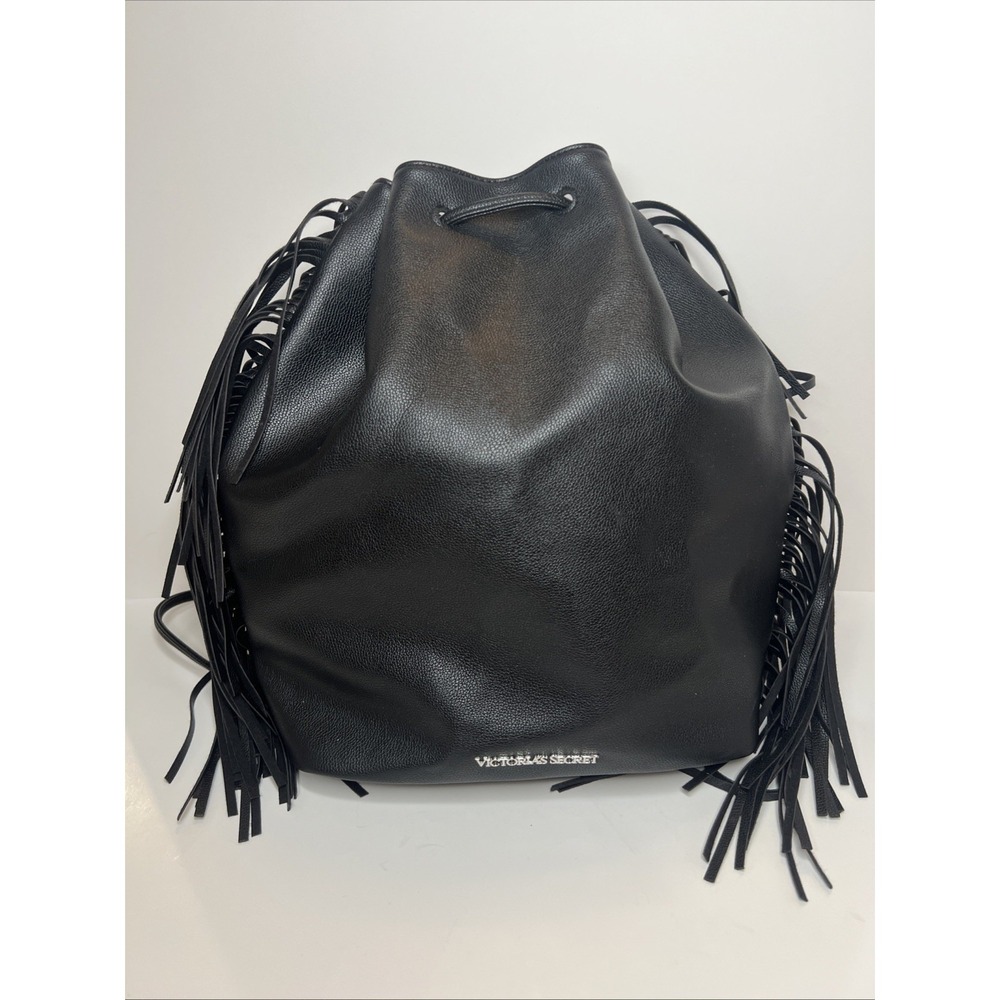 Victoria's Secret Black Fringe Drawstring Backpack ST 11057913 Faux Leather